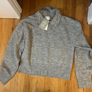 H&M Gray Sweater with Pearl Embellished Collar